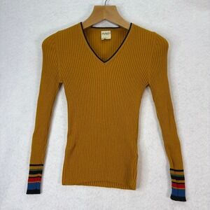 IVKO Mustard Yellow Ribbed Merino Wool V-Neck Sweater Women 38(M) Bohemian Boho